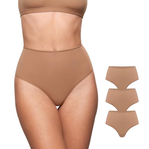 Image of INLYRIC Women's Inbarely Soft Thong - High Waisted Tagless Smooth Stretch Underwear Ultra-soft No Show Panties 3 Pack