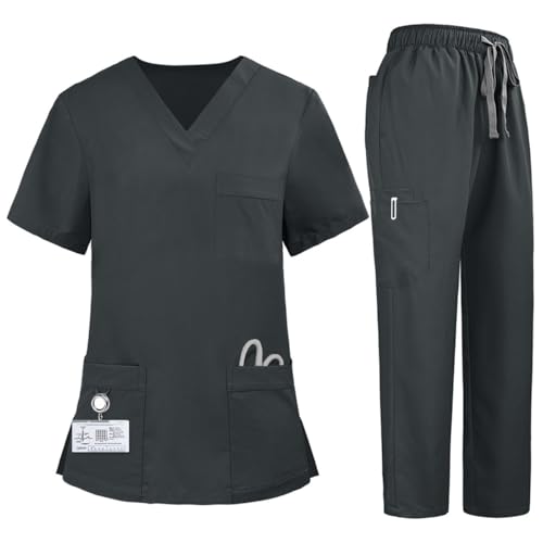 M&Catree Uniformes Sanitarios Mujer Hombre Uniforme Médico Camisas Manga Corta Cuello en V Pantalón Multibolsillos - Gris, XL