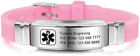 MOWOM Medical Bracelet Custom Engraved Silicone Adjustable Sport ID Identification Alert Stainless Steel - Bundle with Emergency Card, Holder (Pink, No Needle Or Bp This Arm)