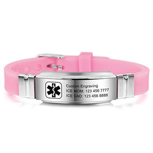 Mowom Medical Bracelet Custom Engraved Silicone Adjustable Sport Id Identification Alert Stainless Steel - Bundle With Emergency Card, Holder (Pink, No Needle Or Bp This Arm) #TOP9