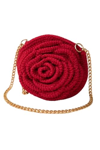 Image of Handmade Crochet 3D Rose Flower Sling Bag, Maroon rose and White pearls handle with Gold shoulder chain, 22 cm Purse for Girls,woman,best for gifting