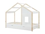 Rangement disponible : Tiroir Vente-unique - Lit cabane 90 x 190 cm avec tiroir - Pin et MDF - Coloris : Blanc et Naturel - RINELYA - pour Enfant