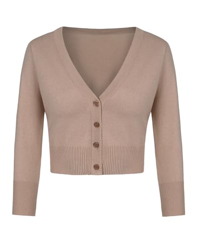 Image of MINTLIMIT Knitted Cardigan Women Girls Cute Vintage 3/4 Sleeve Front Buttons Cardigan Shrug (Dark Beige XL)