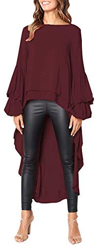 Lantern Long Sleeve Round Neck High Low Asymmetrical Irregular Hem Casual Tops Blouse Shirt Dress (Burgundy, L)