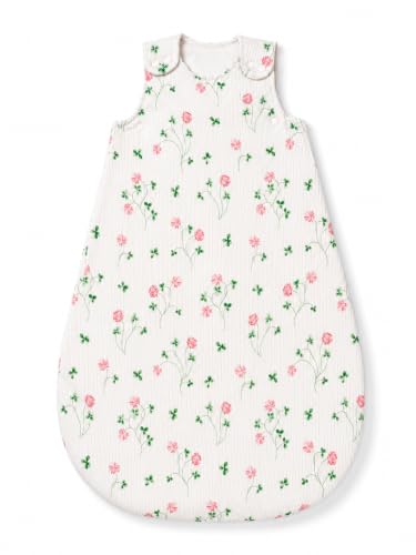 Image of TuddyBuddy Baby Cotton Wearable Quilted Sleeping Bag Blanket 1.5 Tog with 1 Way Zipper Closure | Ideal for Babies & Kids Hypoallergenic Fabrics | (Pink Floral & Leaves - Ribbed White, 6-12 Months)
