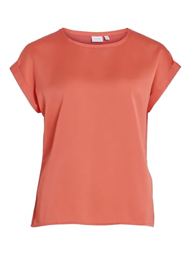 Vila Damen Satin Blusen T-Shirt Kurzarm Basic Rundhals Top Glänzend Tunika Blouse Oberteil VIELLETTE, Farben:Coral Pink, Größe:42