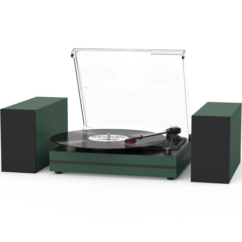Image of Record Player for Vinyl with External Speakers Belt-Drive Turntables for Vinyls Records Dual Stereo Speakers LP 3 Speed BT Wireless AUX-in Headphone Auto Stop New Sleek Stylish Dark Matte Green
