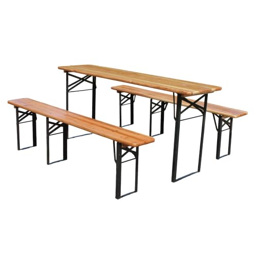 Set per panchina da birra con tavolo pieghevole, 3 pezzi, pieghevole, resistente alle intemperie, per terrazze e campeggio, legno di pino, 177 x 46 x 78 cm