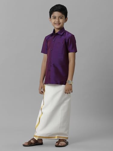 Image of RAMRAJ COTTON Boys Silk Cotton Shirt With Adjustable Cream Dhoti Perfect For Ceremonies| Festivals| And Special Occasions