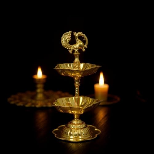 Image of Handcrafted Double Brass Diya with Peacock Design | Traditional Brass Oil Lamp for Puja, Temple & Home Decoration | Antique Finish Deepak for Festivals (Double Diya)
