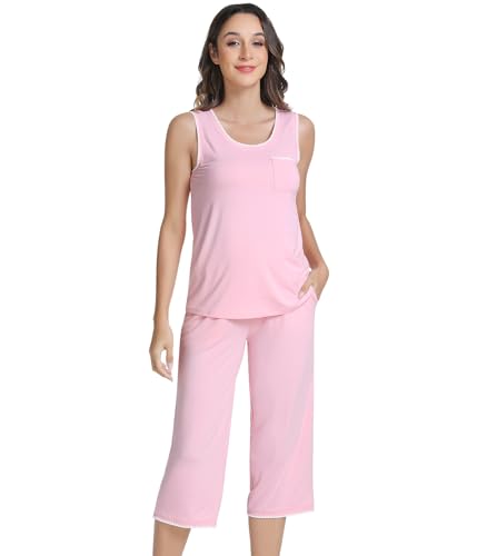 Image of NACHILA Women's Pajamas Set-Viscose Made From Bamboo, Sleeveless Pj Tank Top Capri Pants Soft Sleepwear Cooling Sleep Sets