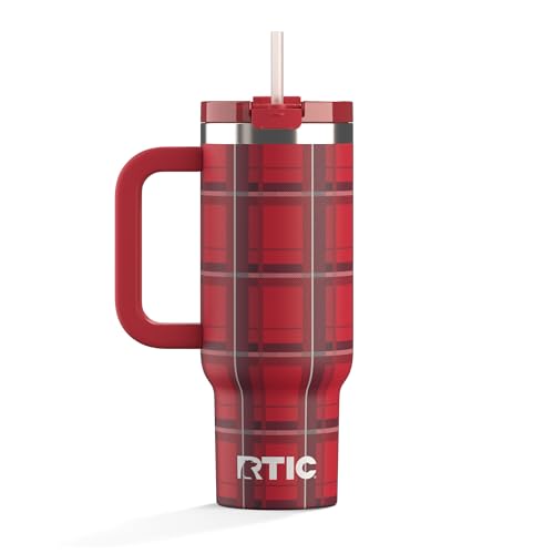 RTIC 30 oz Road Trip Tumbler Double-Walled Ceramic Lined InsulatedStainless Steel Portable Travel Coffee Mug Cup with Lid, Handle and Straw, Red Plaid