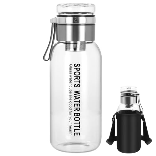Shengxi Glass Bottle, 1000 ml, Water Bottle with Stainless Steel Filter Strainer, Water Bottle, Glass Drinking Bottle for Water and Drinks