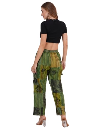 Women's Printed Patchwork Wide Leg Hippie Elastic Waist Drawstring Trousers Pants with Pocket, Pack of 034