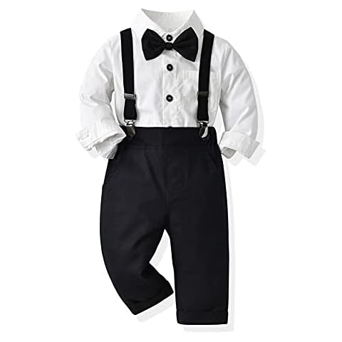 Autumn Baby Boys Clothes Sets Toddler Boy Outfits Gentleman Suits 3pcs Striped Bow Tie Shirts and Suspenders Pants Casual Birthday Formal Wedding Party Dress Suits Black + White 2-3 Years Cover