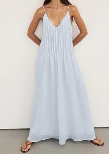 Image of Anoumcy Summer Pleated Maxi Dresses for Women 2026 Spaghetti Strap V Neck Vacation Beach Long Flowy Boho Sundress