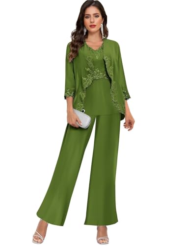 3 Piece Mother of The Bride Pantsuits for Women Wedding Beaded Lace Formal Outfits with Jacket PS005