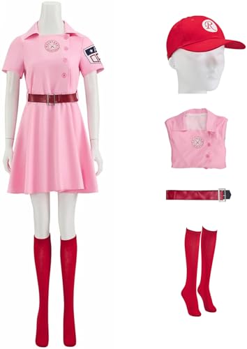 Windskids Damen Rockford Peaches AAGPBL Baseball Girls Rosa Baseballtrikot Kleid Hut Gürtel Socken Set 4 Stück für Fancy Dress Up Halloween Karneval Party Maskerade Performance Verkleidung Windskids Damen Rockford Peaches AAGPBL Baseball Girls Rosa Baseballtrikot Kleid Hut Gürtel Socken Set 4 Stück für Fancy Dress Up Halloween Karneval Party Maskerade Performance Verkleidung