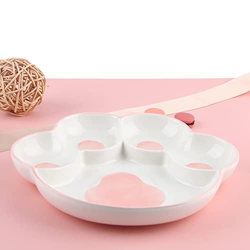 Hokmokqok Porcelain Divided Serving Dishes,Ceramics Cat Paw Relish Tray,Candy Bowl,Cute Compartment Serving Bowls For Party Christmas Perfect For Chips And Dip, Veggies, Candy And Snacks Pink 8.5Inch #TOP5