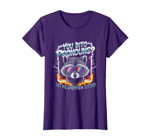 You Into Pronouns Let Me She Them Tiddies Sigma Raccoon T-Shirt, Women, Purple, 3X-Large