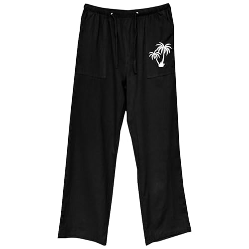 Mens Casual Linen Pants Loose Fit Elastic Drawstring Waist Straight Legs Summer Yoga Beach Long Pants Bedroom with3