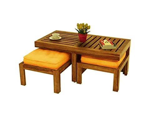 Image of Jangid Handicraft Solid Sheesham Wood Coffee Table with 2 Stool | Rectangle Sofa Centre Table with Stool | Tea Center Table with 2 Stools for Living Room | Patio Teapoy Table with Two Puffy, Teak