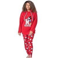 Disney Mickey Mouse Womens Pyjama Set | Ladies Red Red Borg Hoodie With Legging Bottoms | Embroidered Silver & Gold Iconic Cartoon | Long Sleeve and Long Leg Trousers | Merchandise Gift for Adults