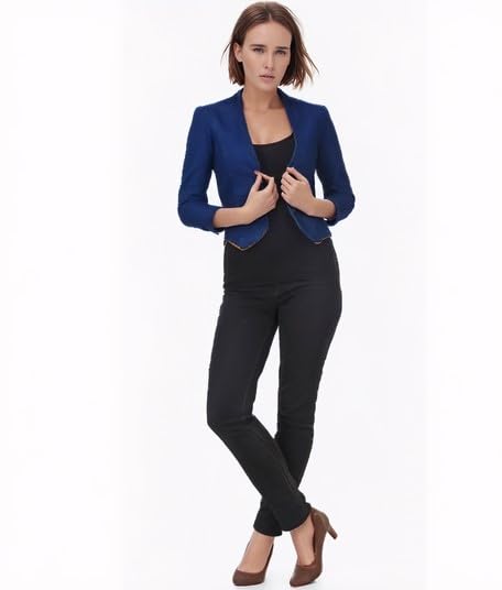 Image of Women's Blue Cropped Blazer, 3 /4 Sleeve, Button Front, Formal Jacket