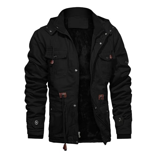 CHEXPEL Men's Thick Winter Jackets with Hood Fleece Lining Cotton Military Jackets Work Coats with Cargo Pockets Outwear