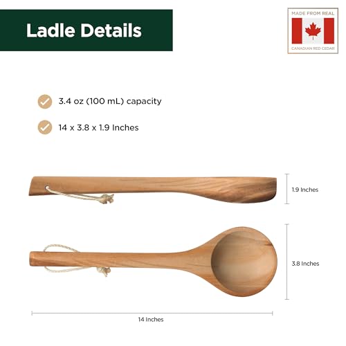 Northwood Sauna - Sauna Ladle - Handmade from Canadian Red Cedar Wood - Natural Rope - 14″ Handle & 3.4 oz (100 mL) Capacity Spoon