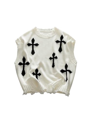 Men's Goth Ripped Sweater Vest Streetwear Cross Graphic Sleeveless Knit Tops