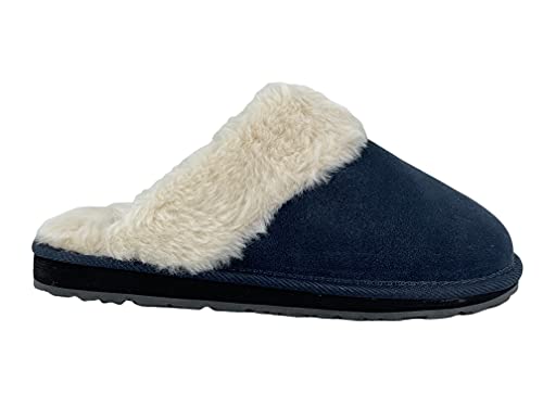 Image of Clarks Womens Open Back Suede Leather Comfort Clog Slipper JMS0583C - Plush Faux Fur Trim - Indoor Outdoor House Slippers For Women