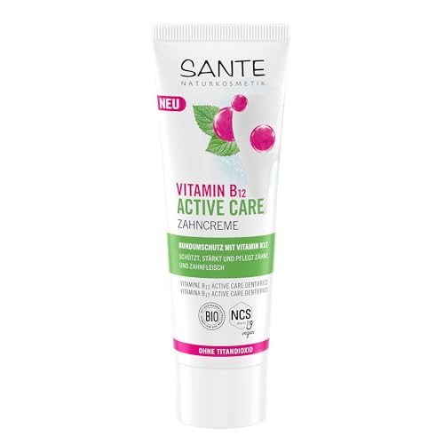 SANTE Naturkosmetik Vitamin B12 Active Care Zahncreme - 75 ml - Zahnpasta mit Fluorid, Xylit & Bio-Salbei - Rundumschutz für Zähne & Zahnfleisch - vegan & ohne Titandioxid