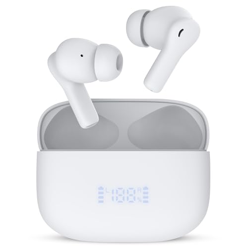 Image of Beleth Earset Pro1 Wireless Earbuds Bluetooth 5.4 Headphones, Dual Connectivity, 50H Playtime, ENC /ANC Noise Cancelling, Deep Bass, LED Display, Wireless Charging Case - White