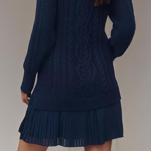Women Crewneck Cable Knit Sweater Mini Dress, Sweater Dresses for Women 2025, Soft Stretchy Knitted Patchwork Dress3