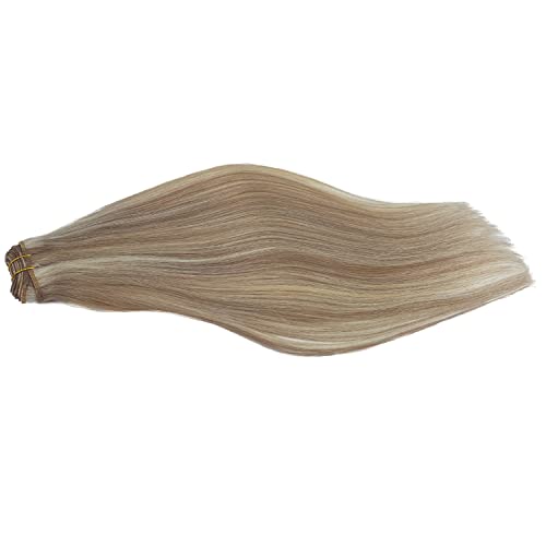 Weft Hair Extensions Human Hair, Brown Colored Sew In Hair Extensions Brown Highlights Blonde Weft Extensions Real Human Hair Platinum Blonde Sew In Hair Bundles 100G 16Inch #TOP7