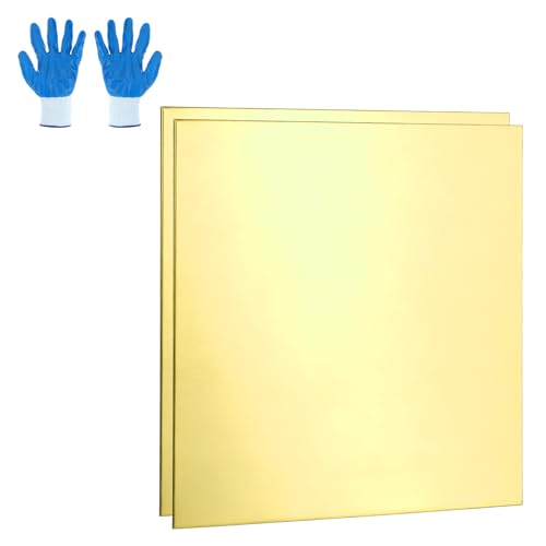MECCANIXITY Brass Sheet, 1.6" X 1.6" 18 Gauge(1mm) Thickness H62 Brass Metal Plates Thin Metal Sheets with Gloves for Craft DIY Model Jewelry Electrical Repair Industrial, Pack of 2, Gold