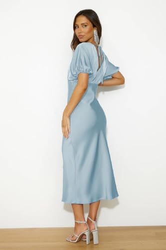 Image of Summer Satin V Neck Puffy Sleeves Empire Waist Midi Dresser Silk Sexy Tie Back Formal Cocktail Dresser for Women Wedding