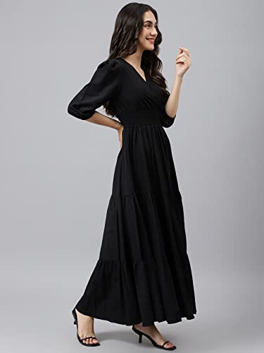 Image of Femvy Women's Fit and Flare Maxi Dress Rayon 3 /4 Sleeve Solid V-Neck Evening Dress 751