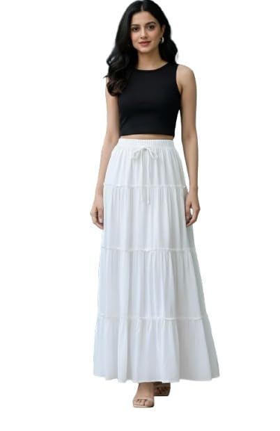 Image of Women's Rayon Full Length Maxi Skirt | Solid Black & White Regular Fit Skirt with Elasticated Waistband and Drawstring