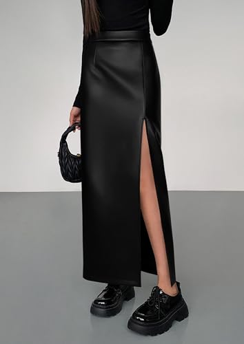 PRETTYGARDEN Womens Faux Leather Skirts 2025 Fall Fashion Bodycon High Waisted Slit Work Office Winter Maxi Long Pencil Skirt