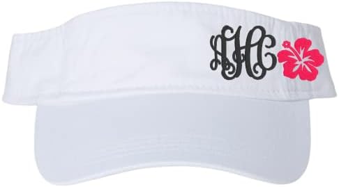 Women's Custom Monogrammed Hibiscus Flower Initials Visor, Embroidered Handmade Adjustable, Distressed or Non-Distressed, Beach Cruise Maui Florida Hawaii, Gift for Her Wife Friend Sister Mom