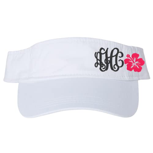 Women's Custom Monogrammed Hibiscus Flower Initials Visor, Embroidered Handmade Adjustable, Distressed Or Non-Distressed, Beach Cruise Maui Florida Hawaii, Gift For Her Wife Friend Sister Mom #TOP27