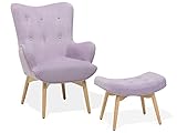Sillón orejero tapizado en tela de terciopelo rosa abotonado con reposapiés estilo retro