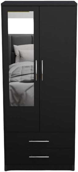 Fully Assembled 2 Door Modern 1 Mirrored Wardrobe with 2 Drawer Wardrobe – Freestanding Bedroom Storage Cabinet with Hanging Rail, 78W x 184H x 50D cm,Multiple Colours Available (BLACK)