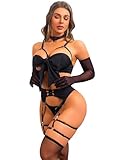 WixenWear Sexy Strappy Black Bow Lingerie Set with STOCKINGS, Sheer Gloves Thigh Bands – Ultimate Temptation for Special Nights (black with stockings S)