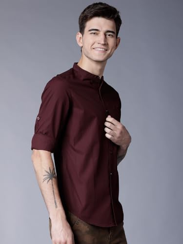 Image of Highlander Men's Slim Fit Casual Shirts | Solid | Long Sleeves | Mandarin Collar | Casual Shirts for Men