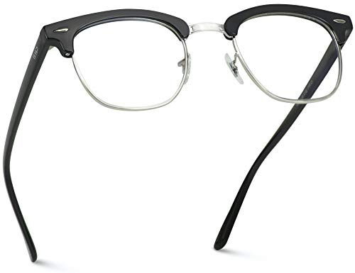 WearMe Pro - Vintage Inspired Classic Half Frame Horn Rimmed Blue Light Blocking Glasses (Black/Silver)