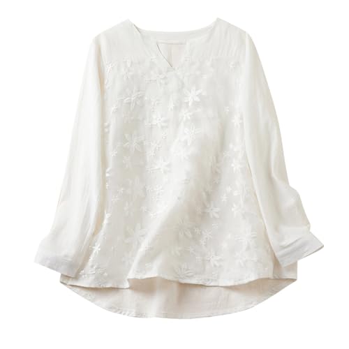 Women Cotton Linen Tops Vintage Floral Embroidered...