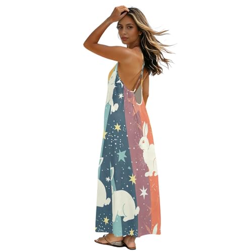Robe longue d'été dos ouvert au motif lapins ludiques et rayures fraîches